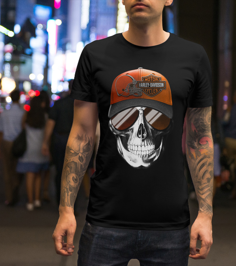 Cleveland Browns Harley Davidson Skull Sunglasses T-Shirt