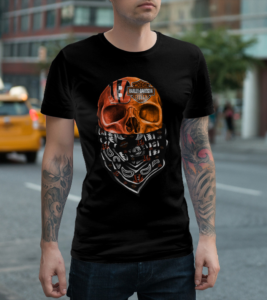 Cincinnati Bengals Harley Davidson Skull Bandana T-Shirt