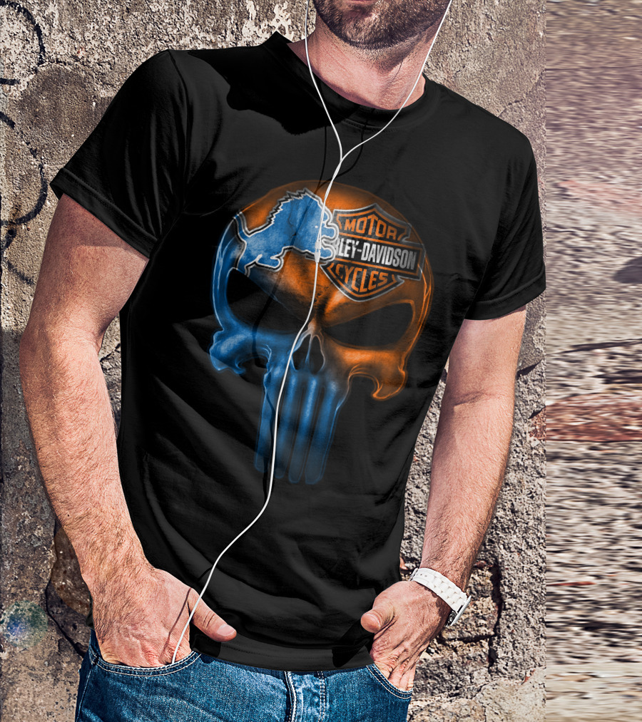 Detroit Lions Harley Davidson Motorcycles Punisher Skull T-Shirt