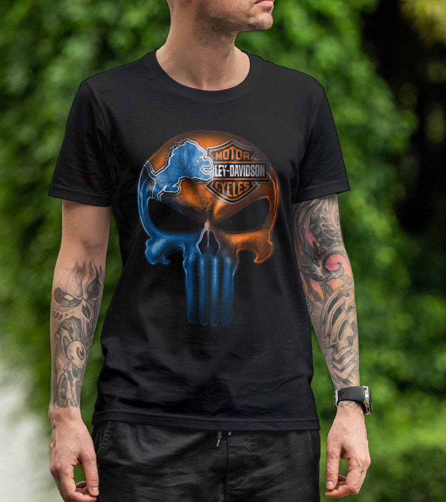 Detroit Lions Harley Davidson Motorcycles Punisher Skull T-Shirt
