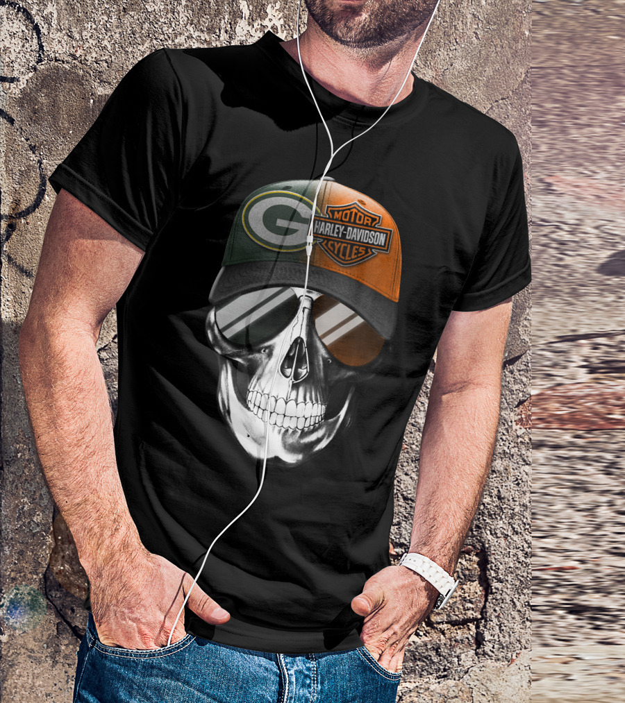 Green Bay Packers Harley Davidson Skull Cap T-Shirt