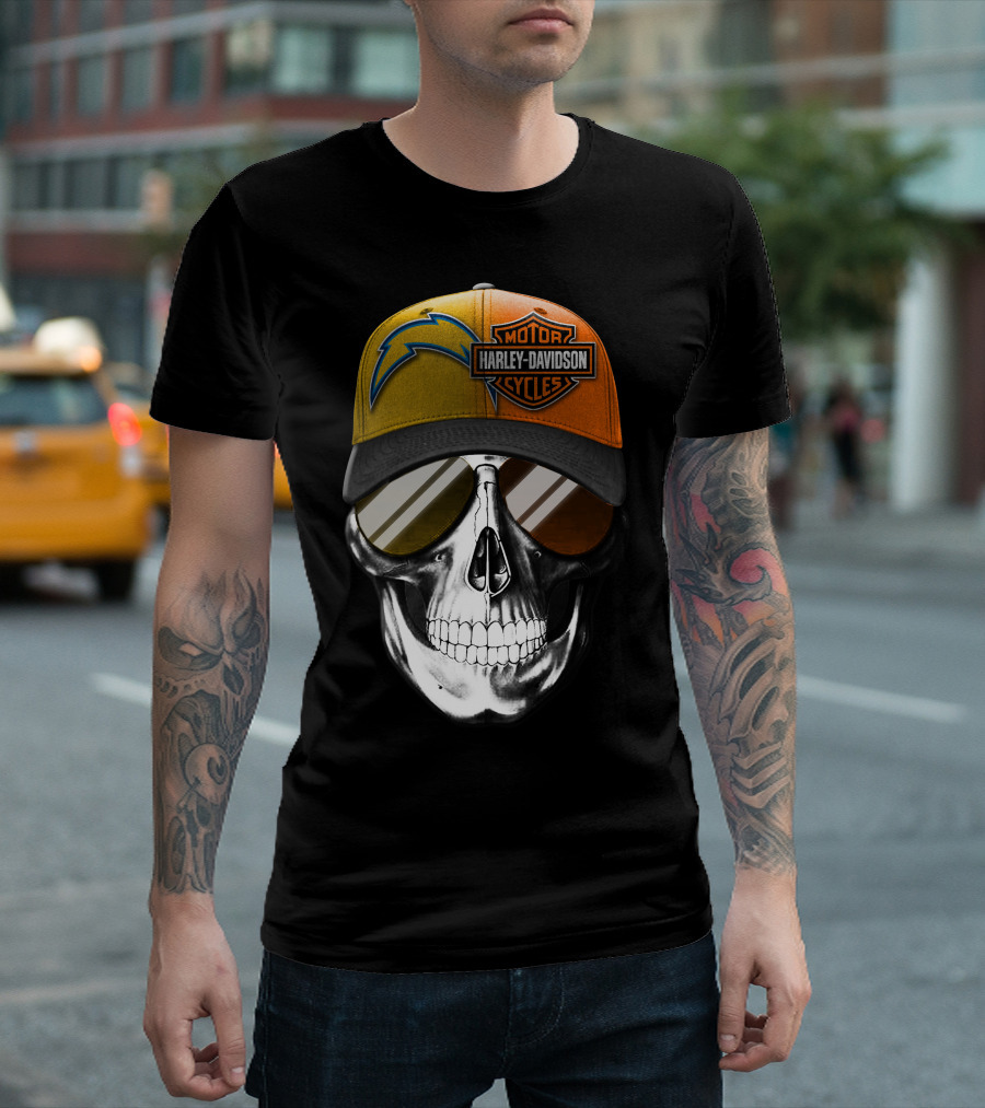 Los Angeles Chargers And Harley Davidson Motorcycle Skull Cap T-Shirt
