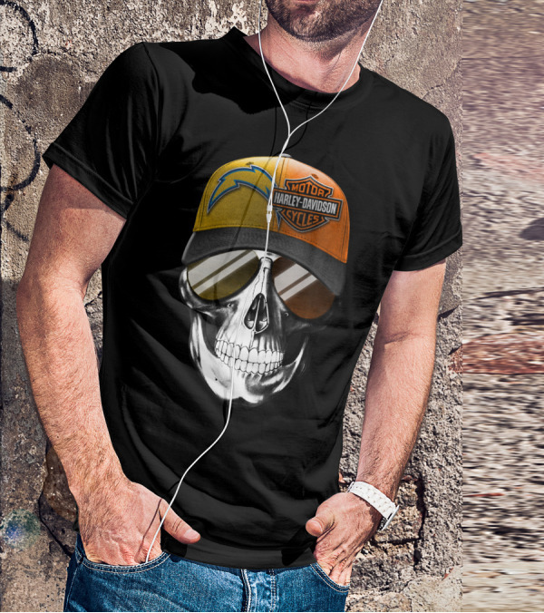 Los Angeles Chargers And Harley Davidson Motorcycle Skull Cap T-Shirt