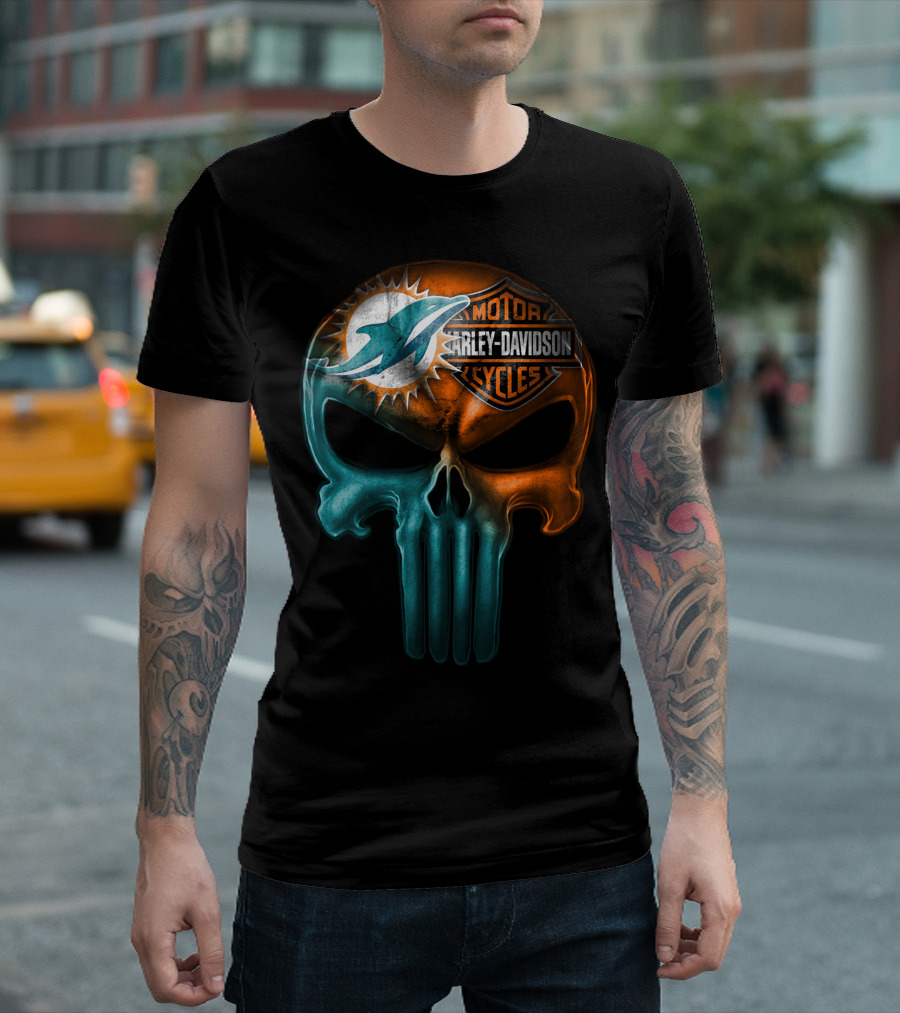 Miami Dolphins Harley Davidson Punisher Skull T-Shirt