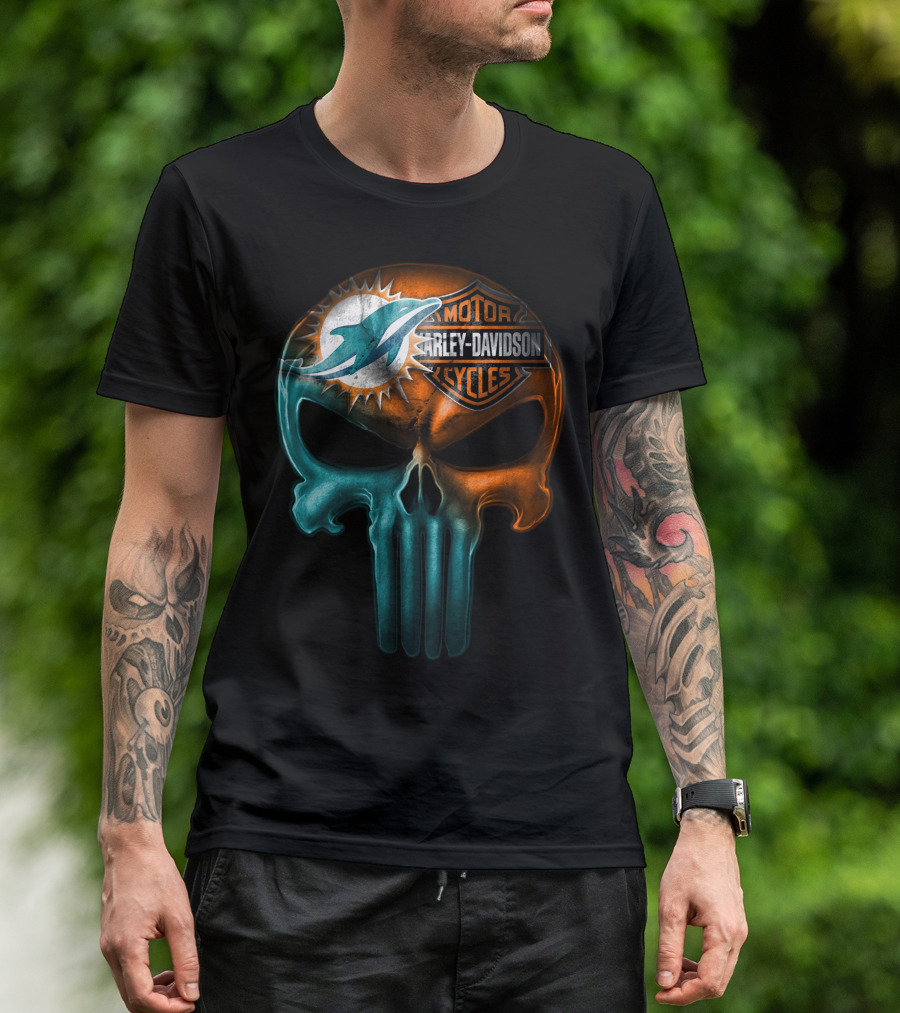 Miami Dolphins Harley Davidson Punisher Skull T-Shirt