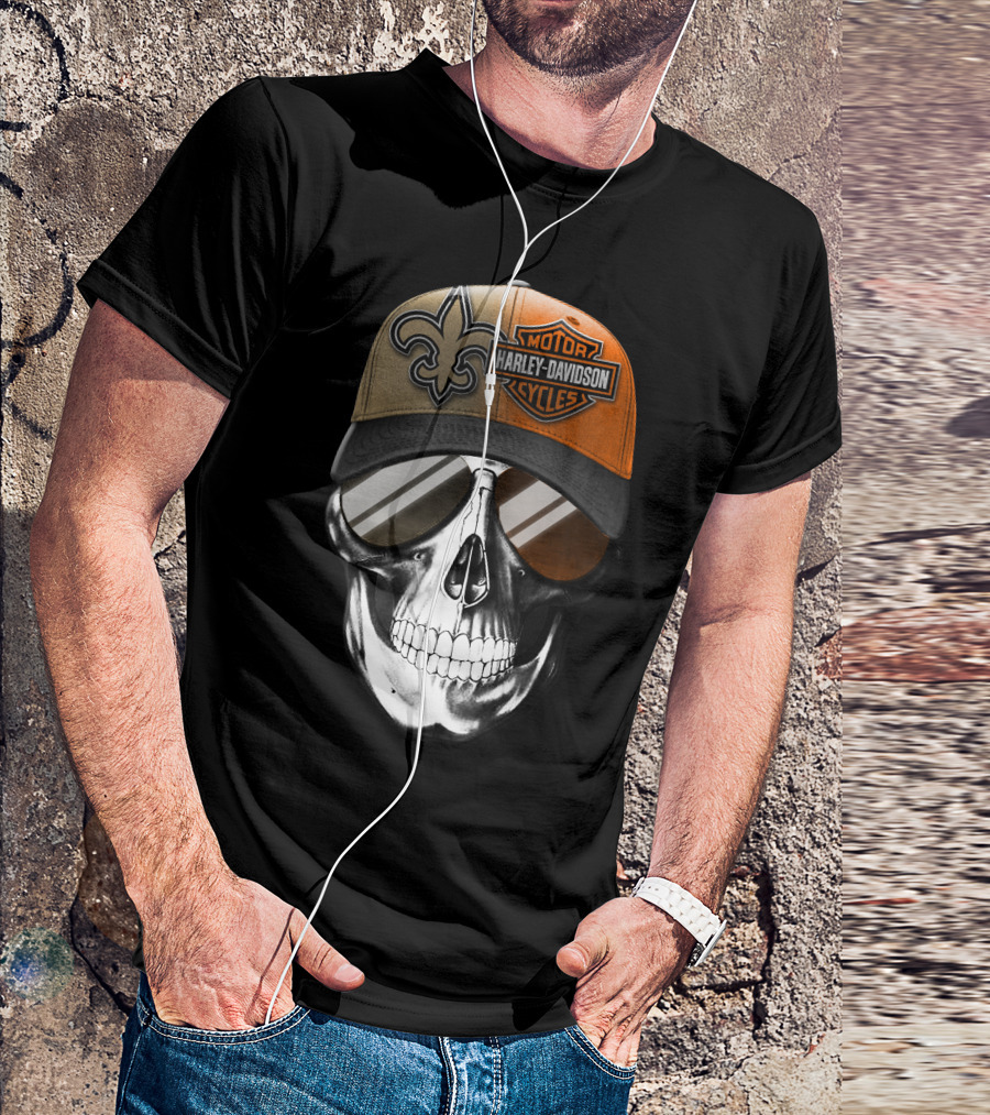 New Orleans Saints Harley Davidson Skull Hat T-Shirt