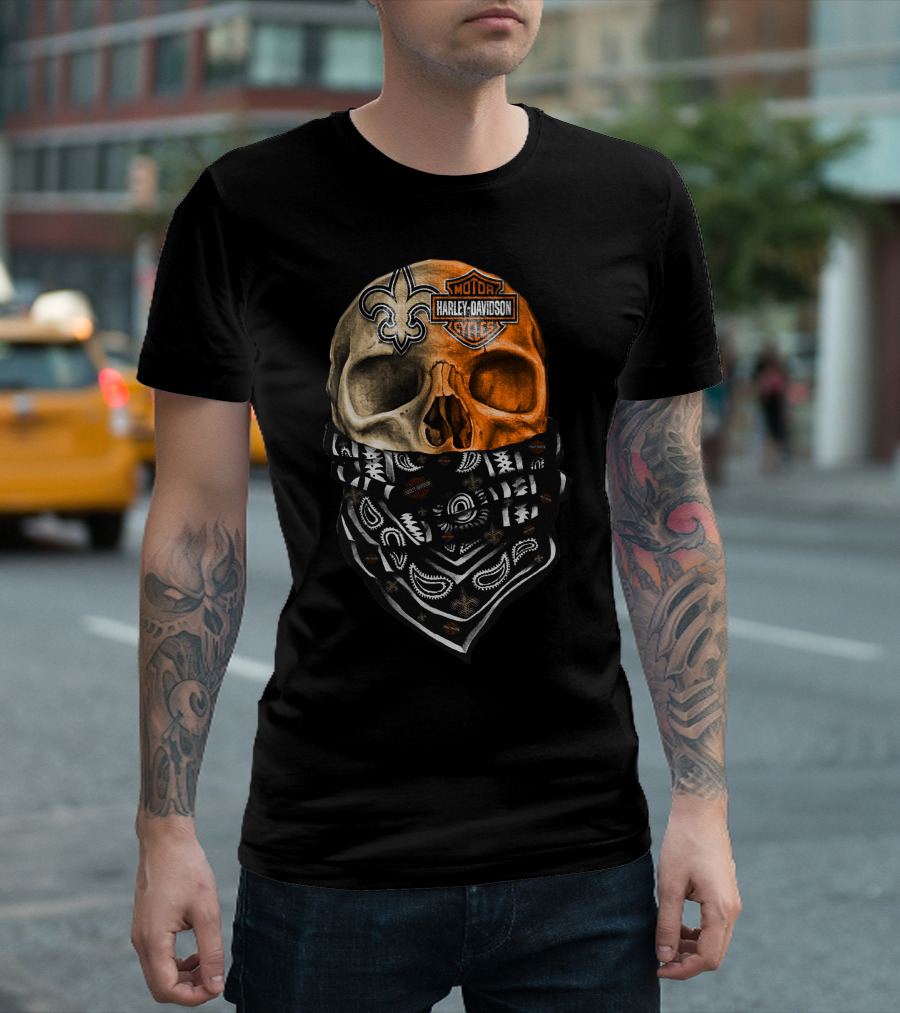 Harley Davidson Skull With Bandana And Fleur-De-Lis Symbol T-Shirt