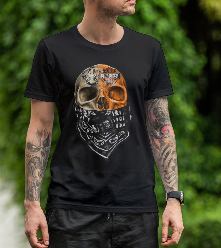Harley Davidson Skull With Bandana And Fleur-De-Lis Symbol T-Shirt