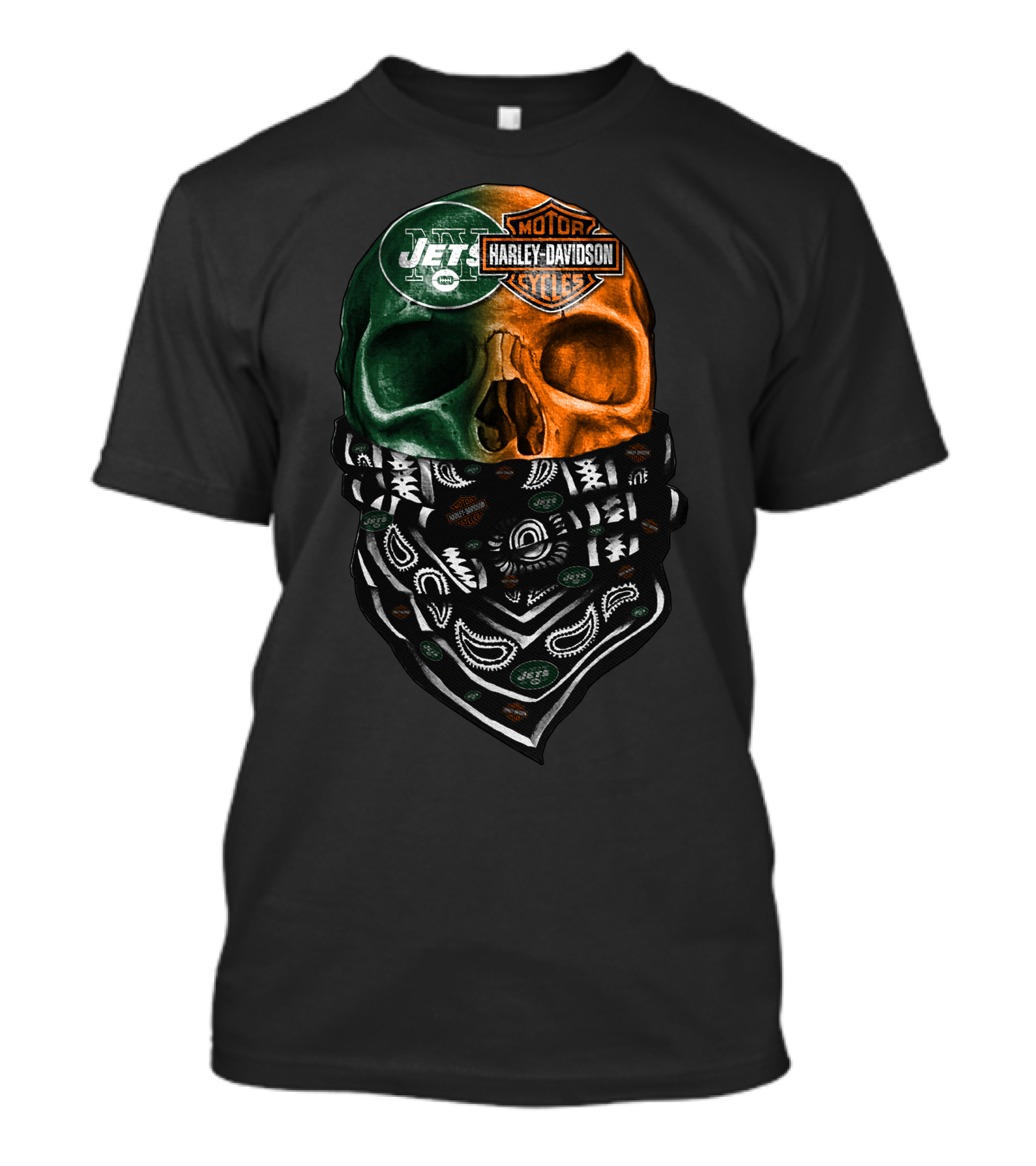 New York Jets Harley Davidson Green Orange Skull Bandana T-Shirt