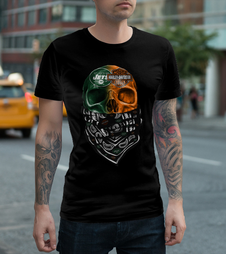 New York Jets Harley Davidson Green Orange Skull Bandana T-Shirt