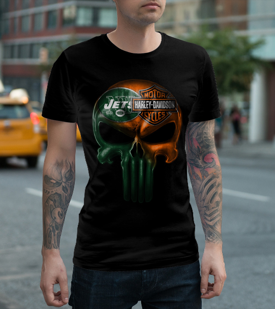 New York Jets Harley Davidson Skull T-Shirt