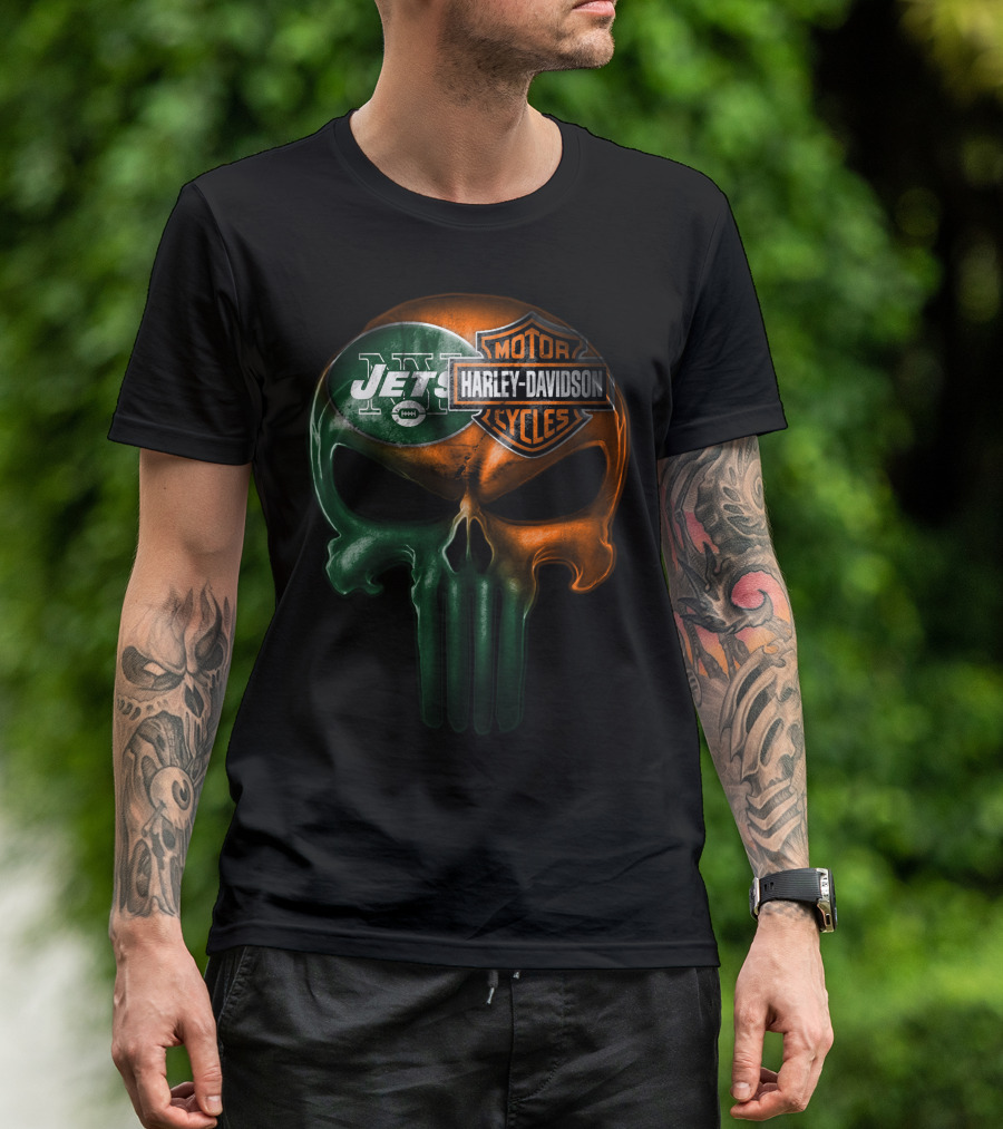 New York Jets Harley Davidson Skull T-Shirt