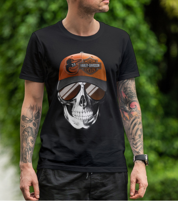 Harley Davidson Motorcycles Orioles Skull Cap T-Shirt