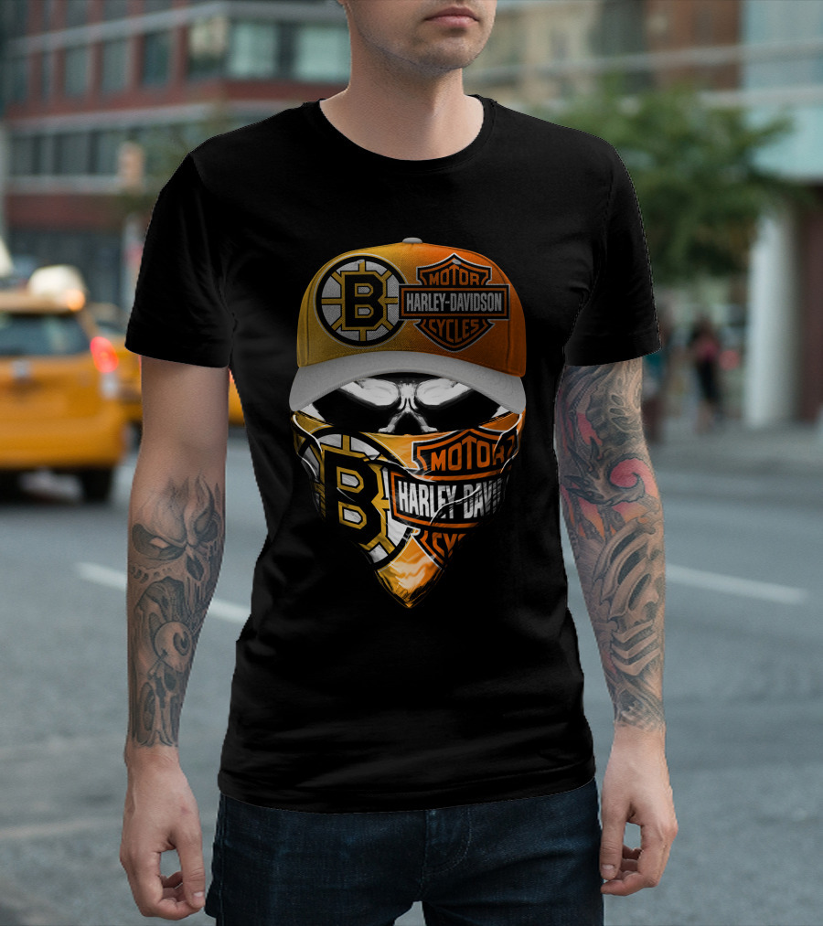 Boston Bruins Harley Davidson Motorcycles Mask And Cap T-Shirt
