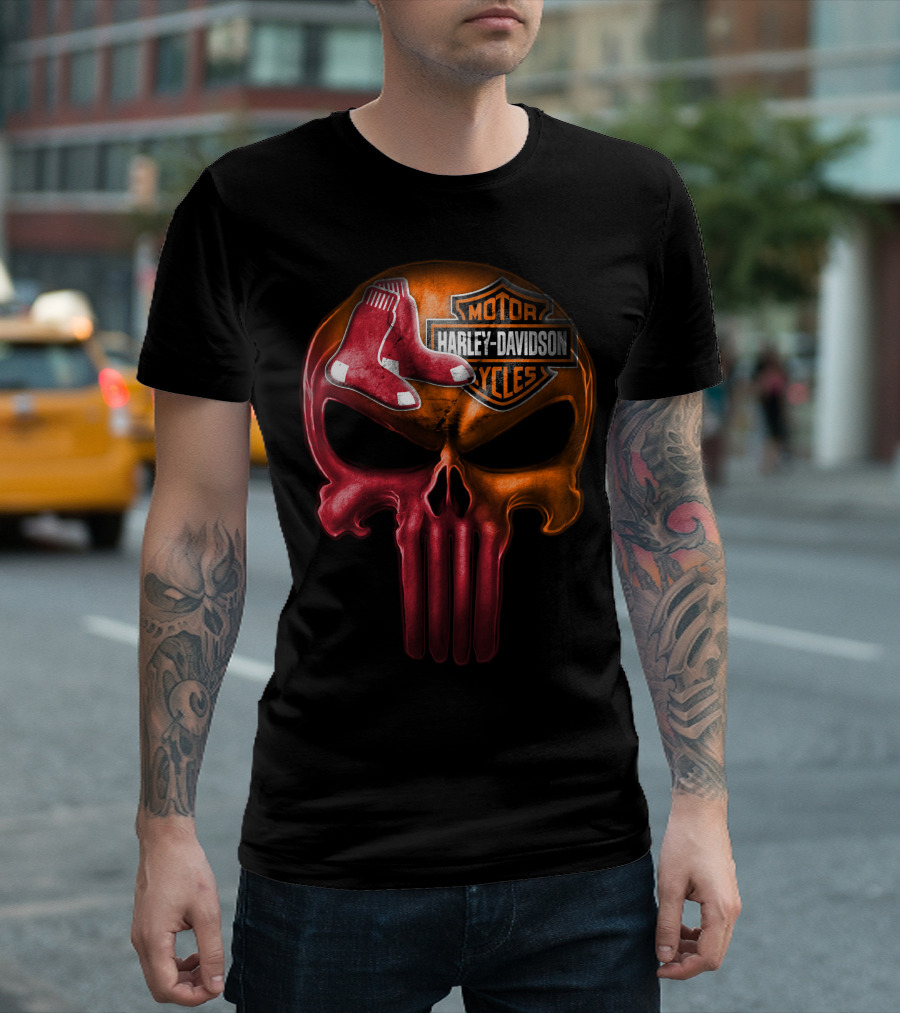 Harley Davidson Motorcycles Red Sox Logo Skull T-Shirt