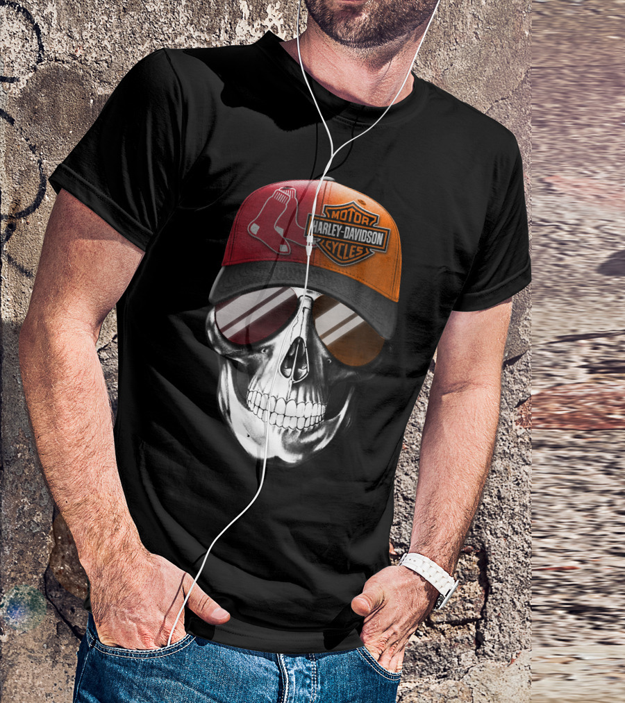 Harley Davidson Red Sox Skull Hat T-Shirt