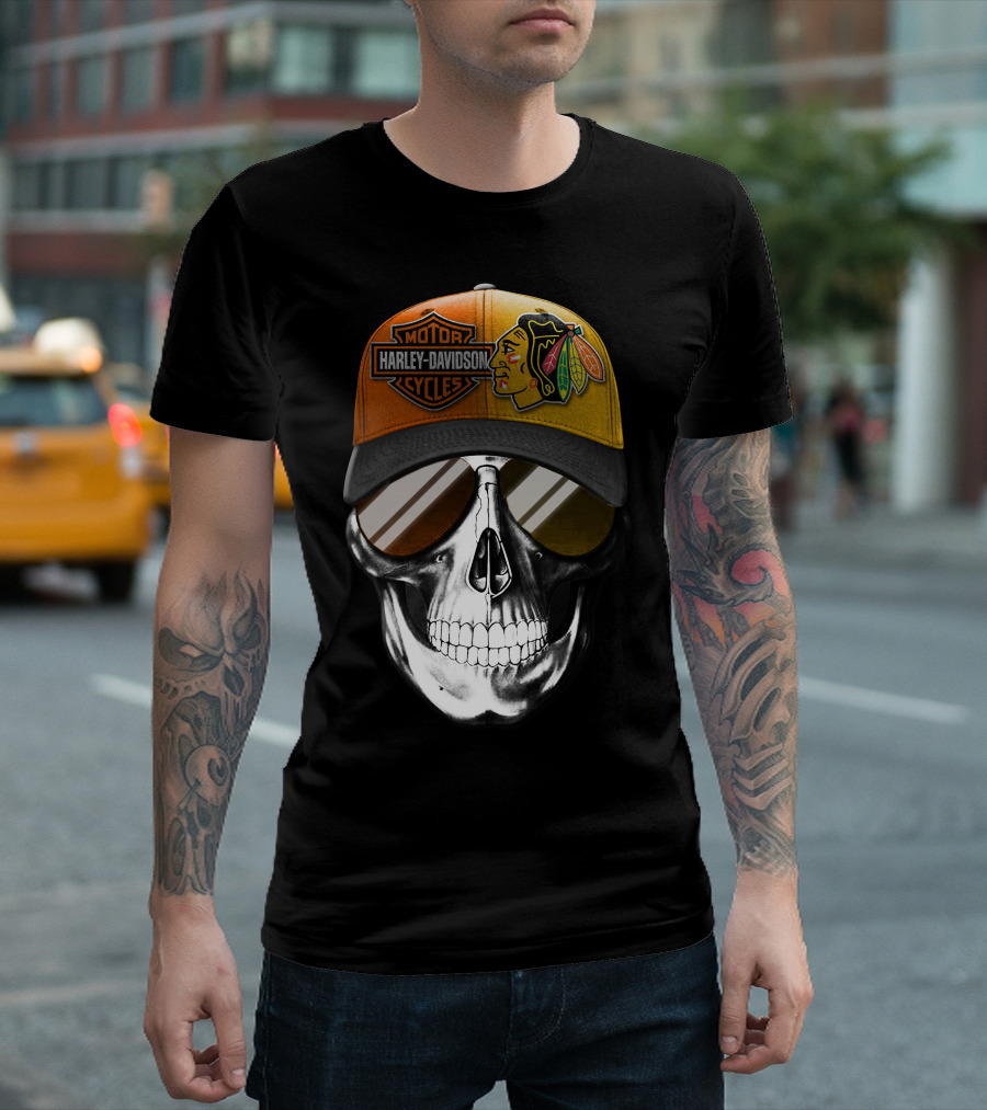 Harley Davidson Chicago Blackhawks Skull Cap T-Shirt