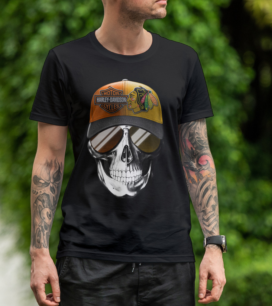 Harley Davidson Chicago Blackhawks Skull Cap T-Shirt