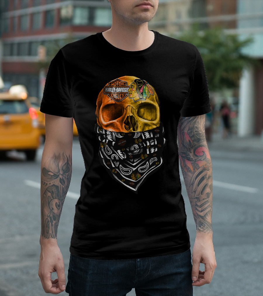 Harley Davidson Motorcycles Skull With Blackhawks Bandana T-Shirt