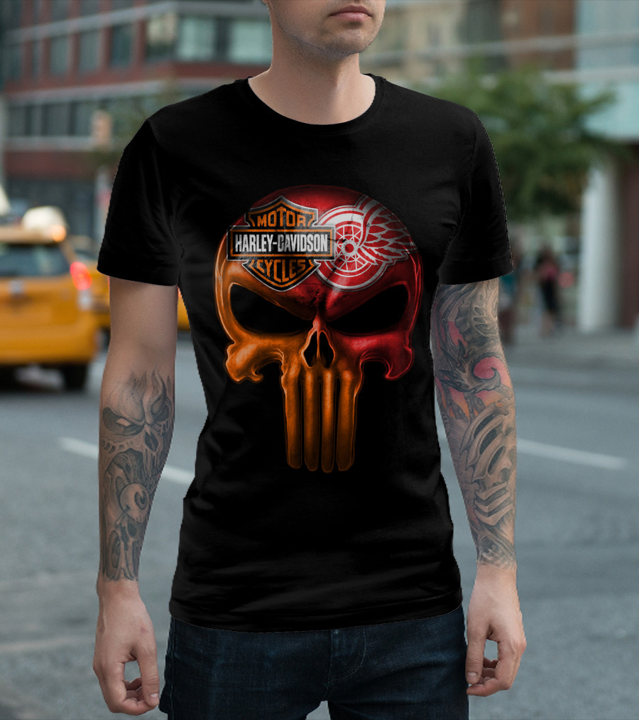 Harley Davidson Motorcycles Detroit Red Wings Punisher Skull T-Shirt