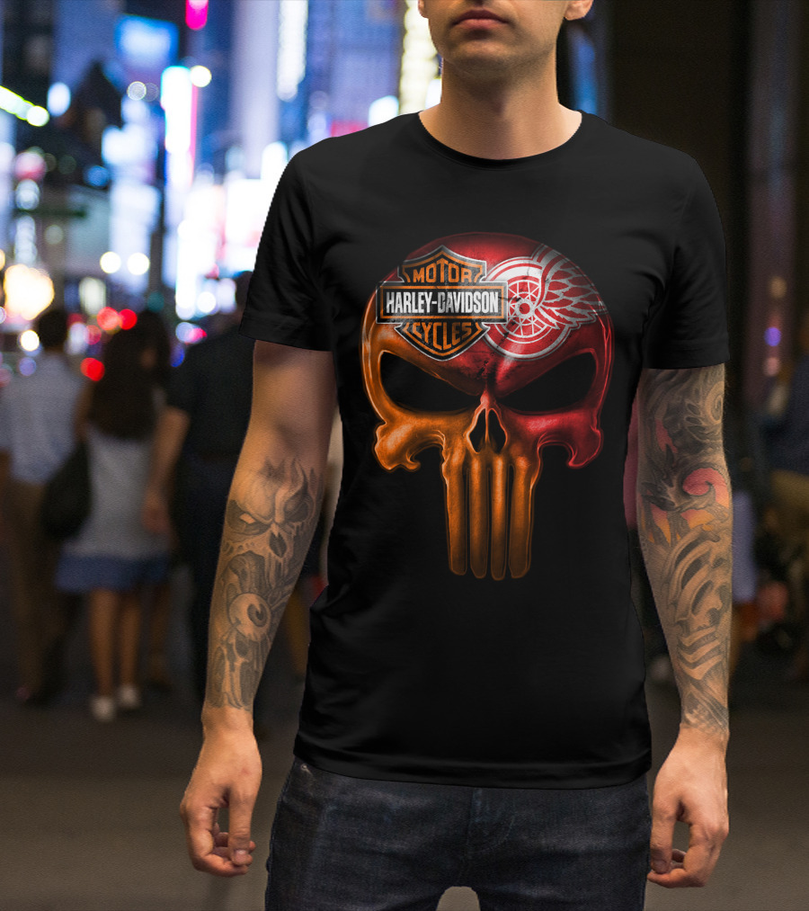 Harley Davidson Motorcycles Detroit Red Wings Punisher Skull T-Shirt
