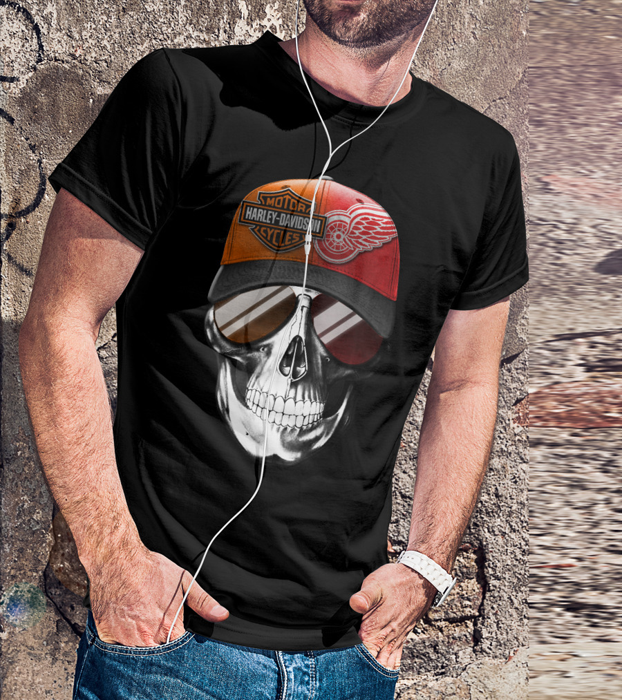 Harley Davidson Motor Cycles Red Wings Skull Cap T-Shirt