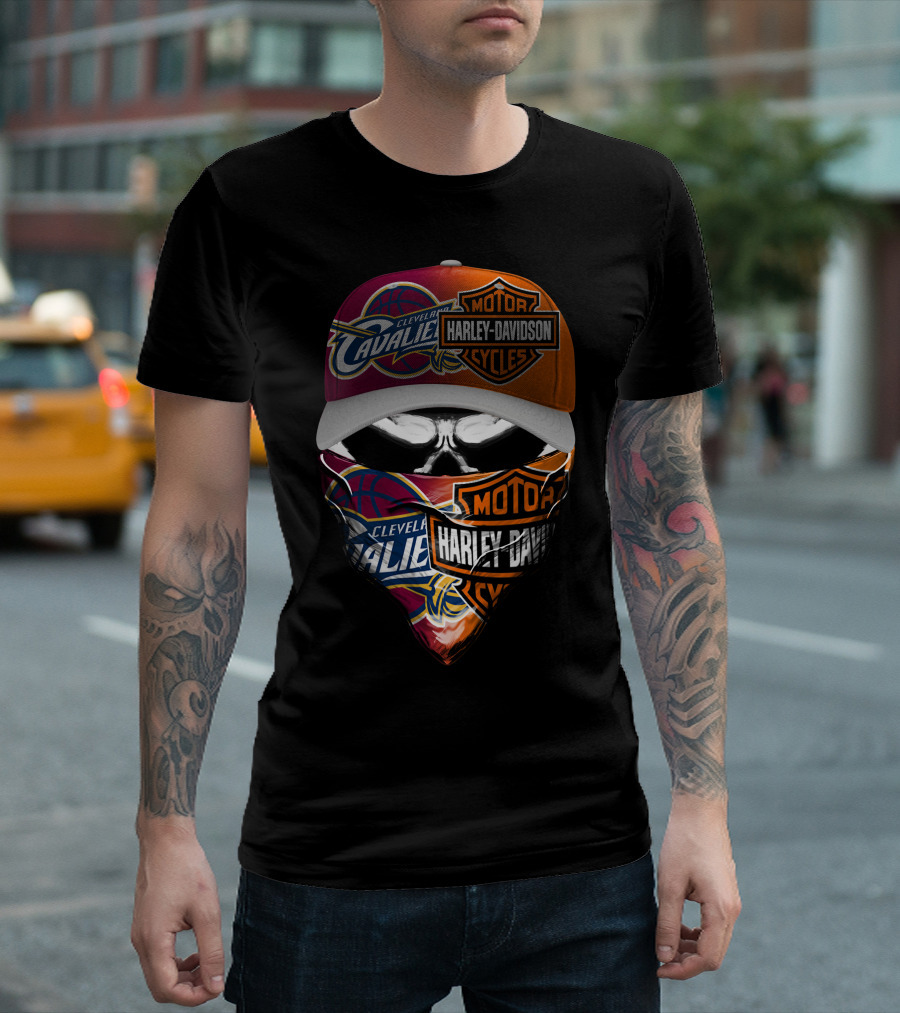 Cleveland Cavaliers Harley Davidson Cyclist Skull Face Mask And Cap T-Shirt