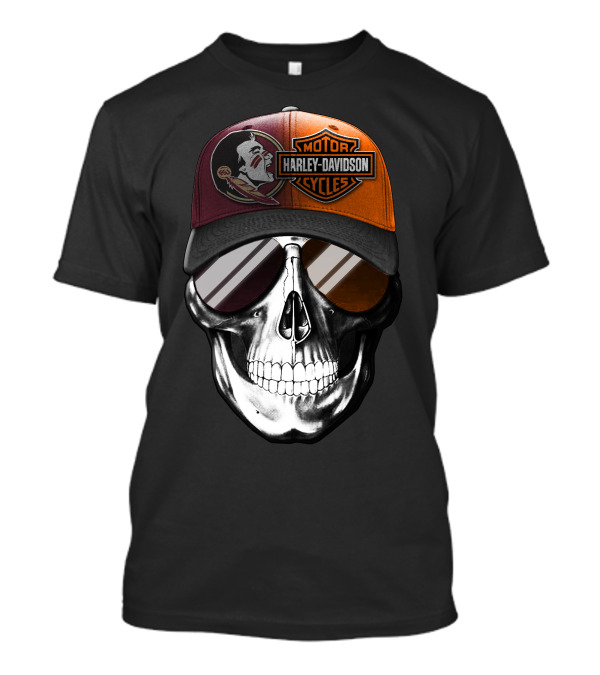 Harley Davidson Motor Cycles Logo Skull With Feathered Logo Cap T-Shirt