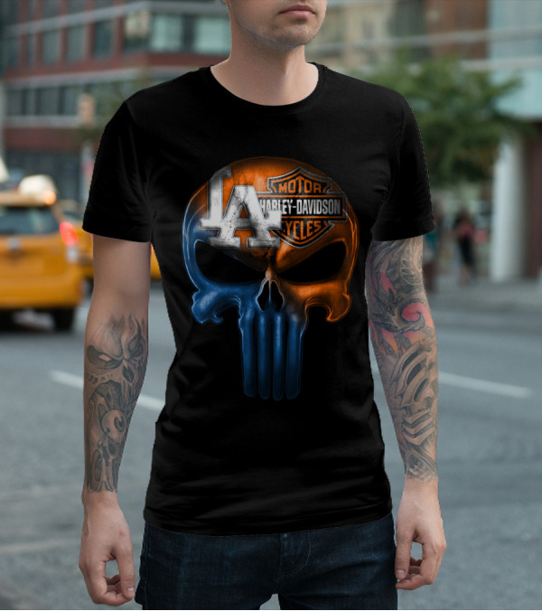 Los Angeles Dodgers Harley Davidson Biker Skull T-Shirt