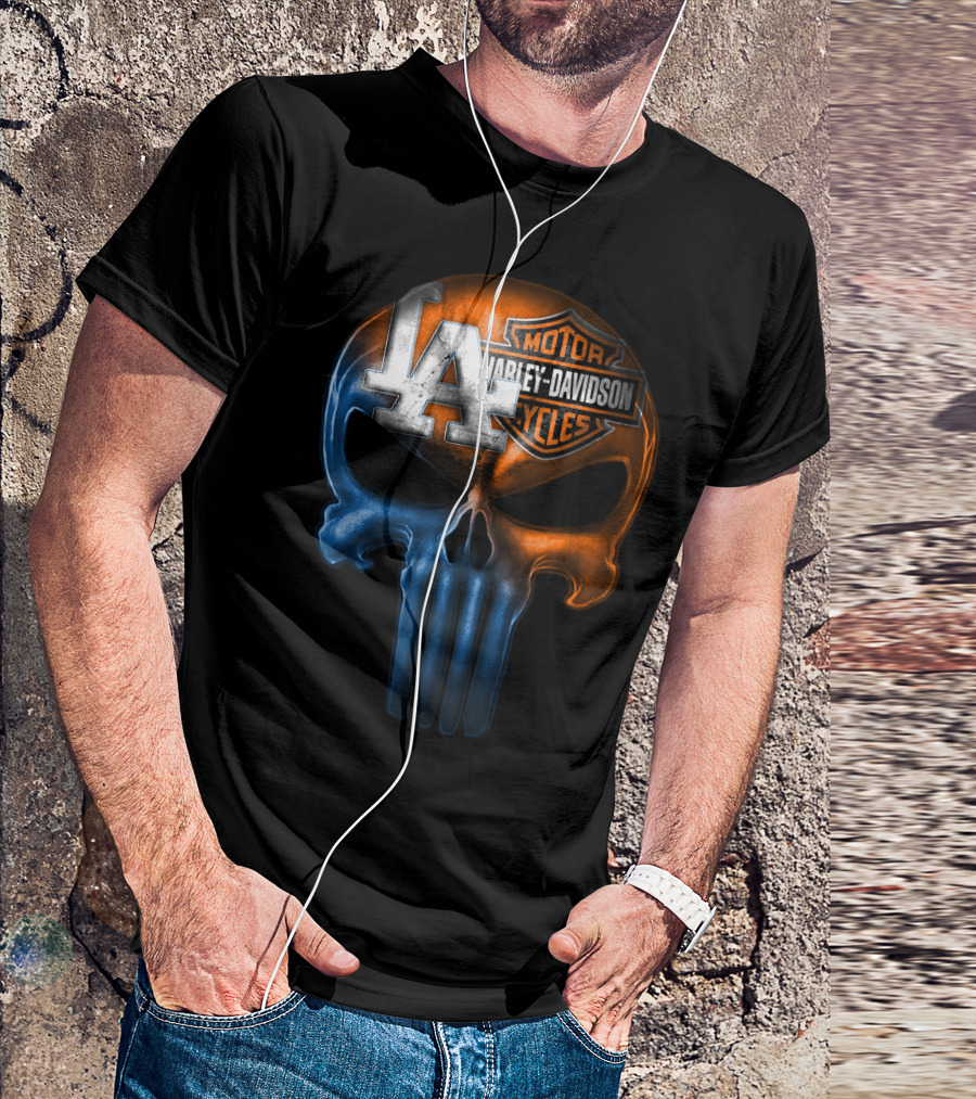 Los Angeles Dodgers Harley Davidson Biker Skull T-Shirt
