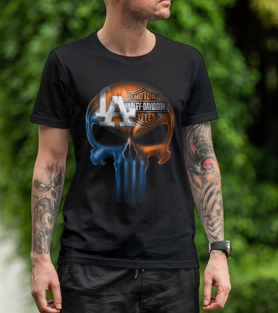 Los Angeles Dodgers Harley Davidson Biker Skull T-Shirt
