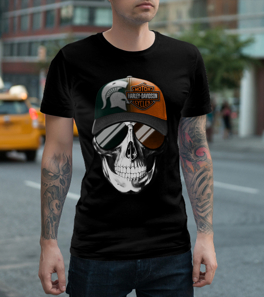 Skull With Michigan State Spartan And Harley Davidson Motorcycles Cap T-Shirt