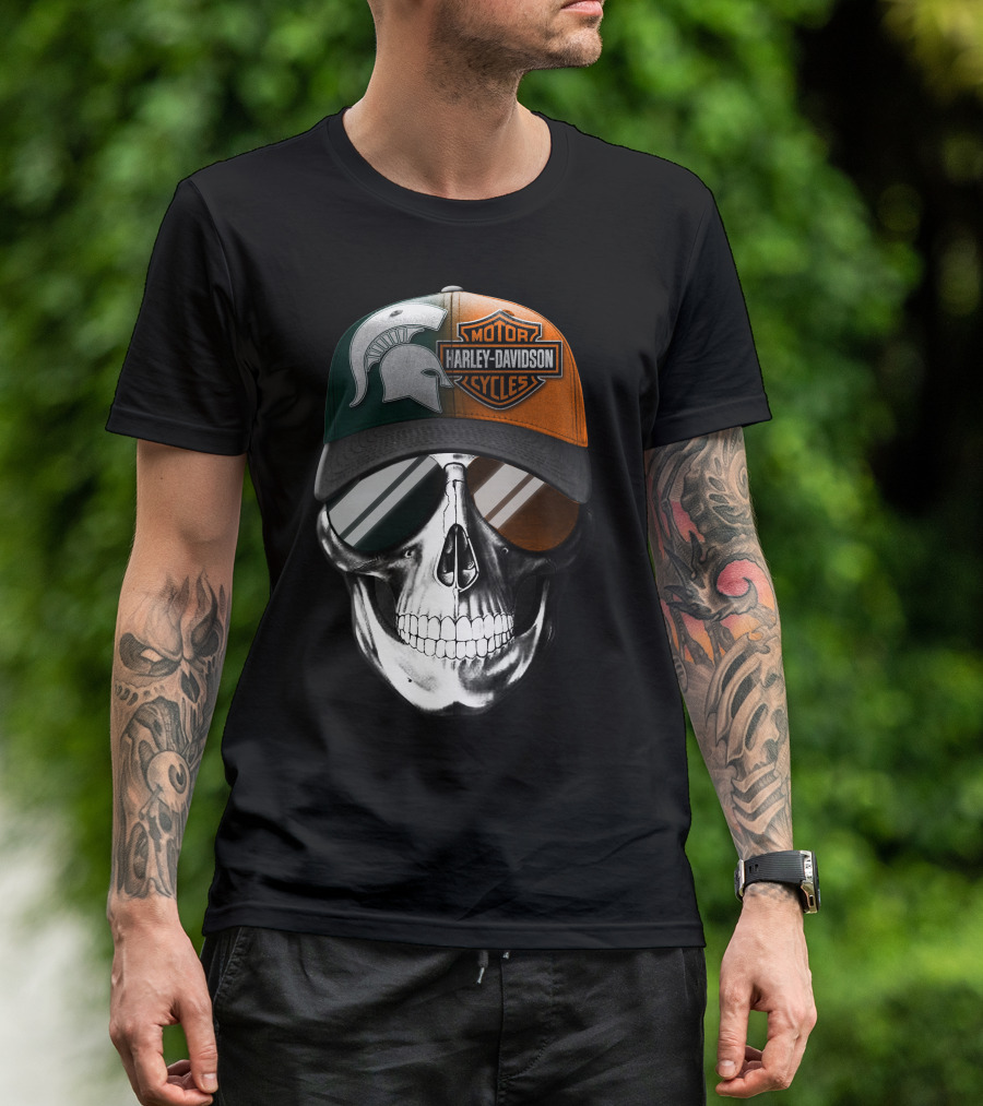 Skull With Michigan State Spartan And Harley Davidson Motorcycles Cap T-Shirt