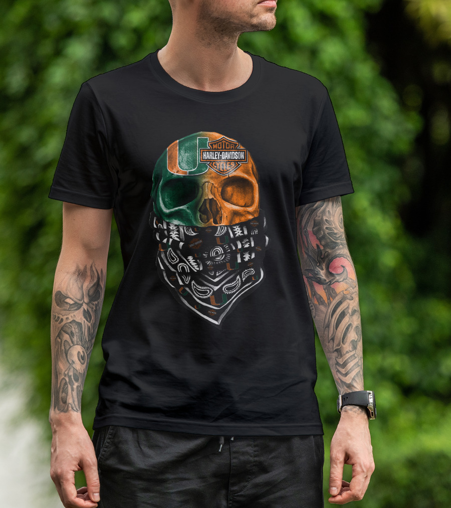 Harley Davidson Skull With Miami Hurricanes Bandana T-Shirt