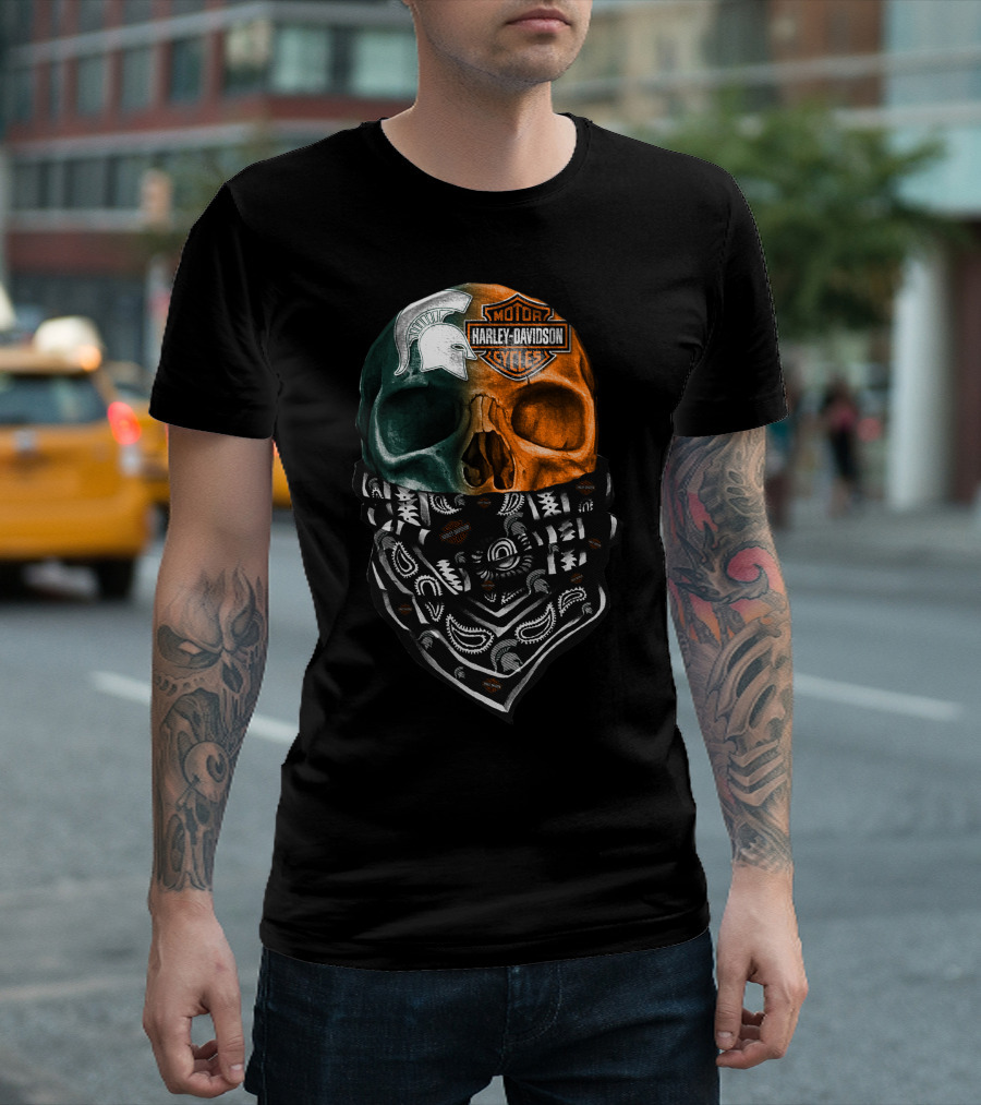 Harley Davidson Skull With Michigan State Spartans Bandana T-Shirt