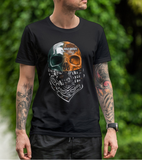 Harley Davidson Skull With Michigan State Spartans Bandana T-Shirt