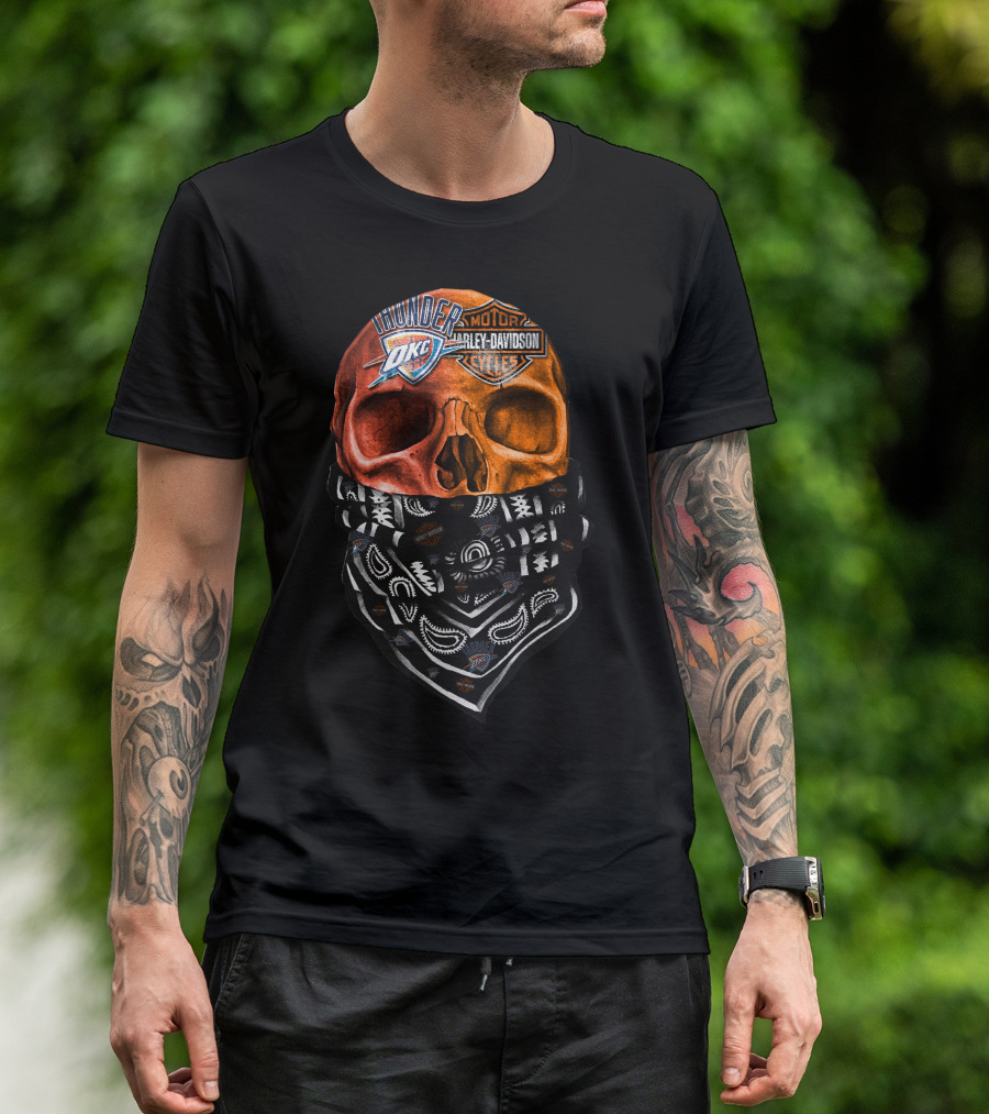 Oklahoma City Thunder Harley Davidson Skull With Bandana T-Shirt