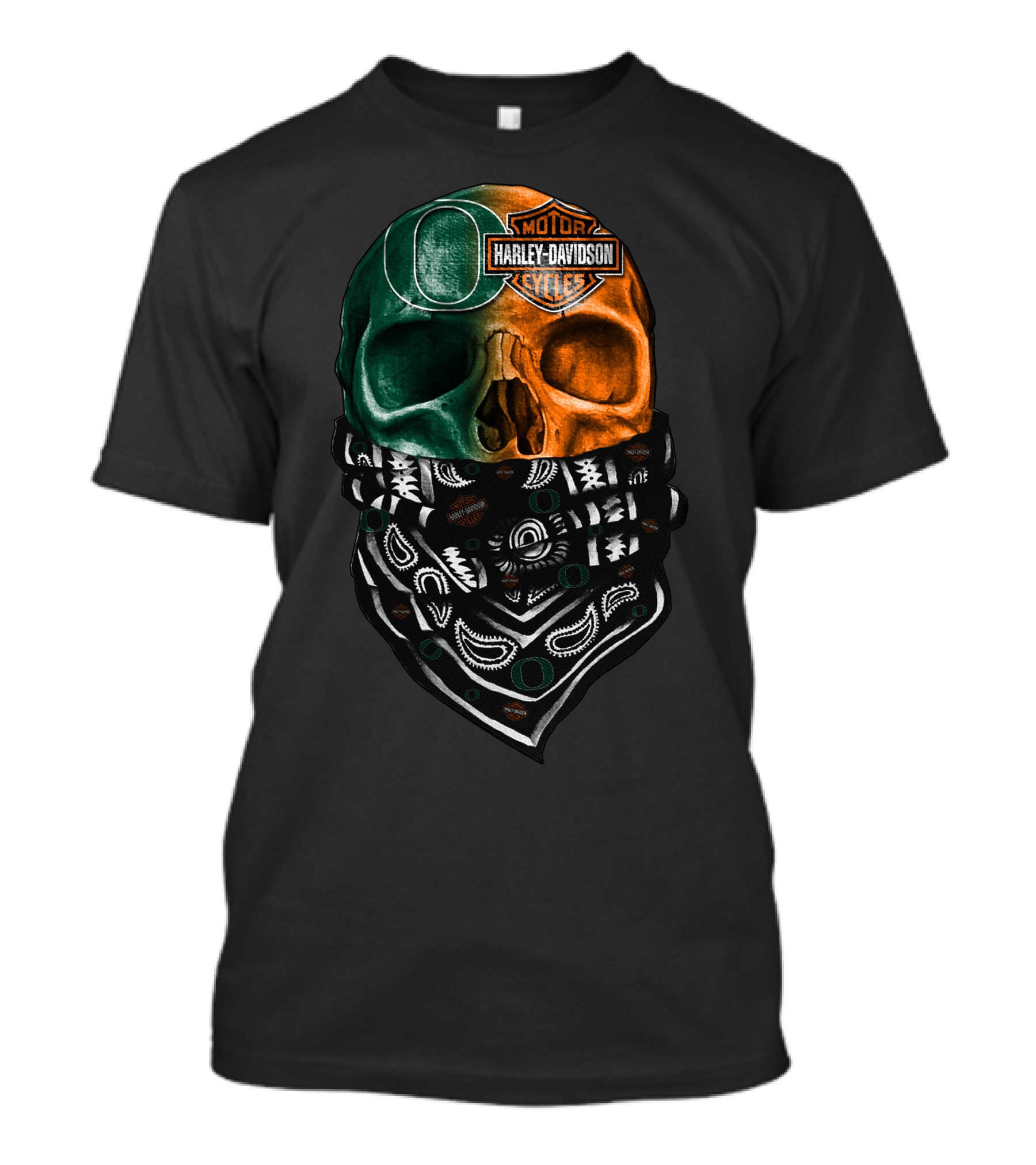 Harley Davidson Motorcycles Dual-Tone Skull With Bandana And Logos T-Shirt