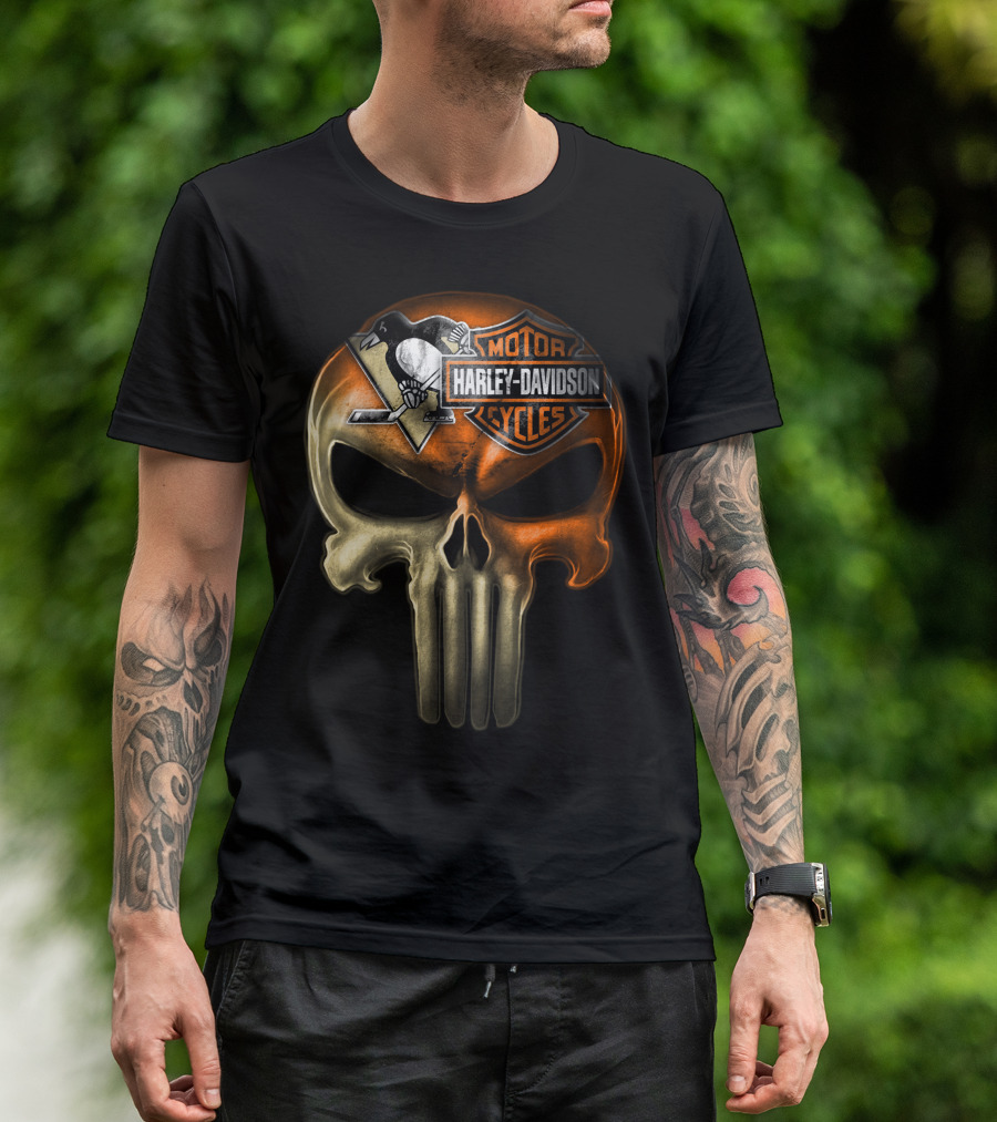 Penguins Harley Davidson Punisher Skull T-Shirt
