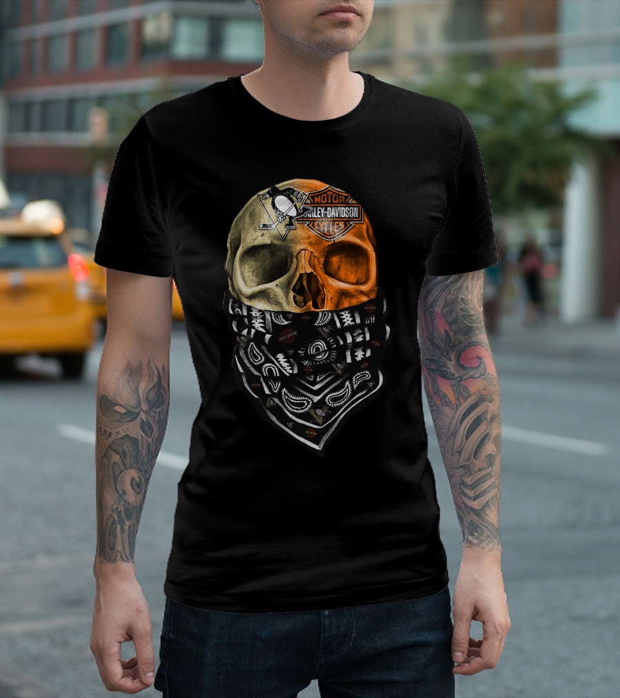 Penguins And Harley Davidson Skull Bandana T-Shirt