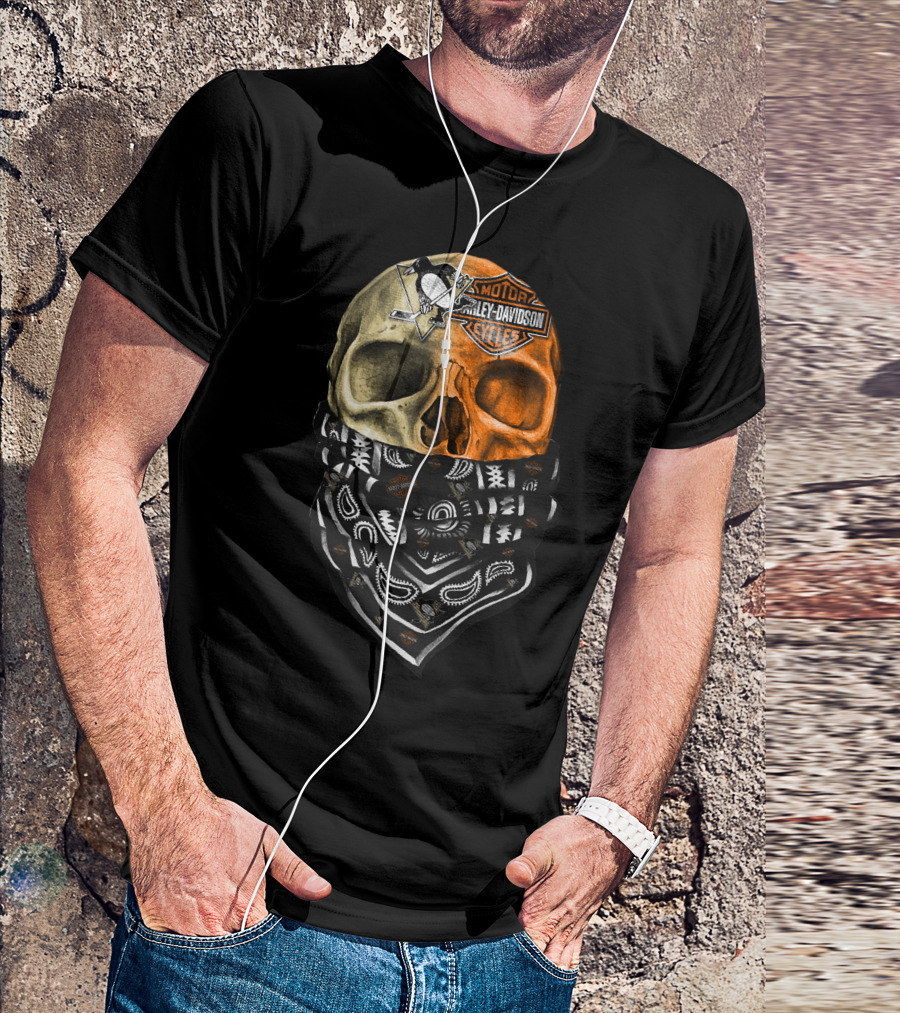 Penguins And Harley Davidson Skull Bandana T-Shirt