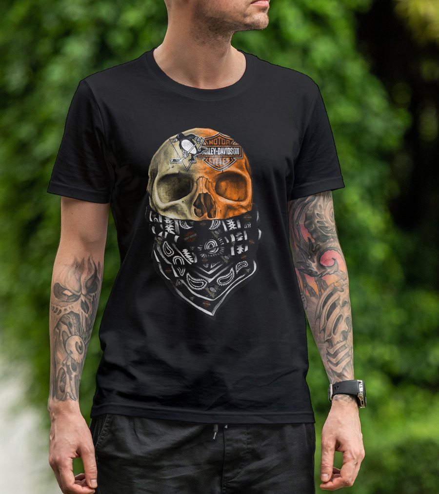 Penguins And Harley Davidson Skull Bandana T-Shirt