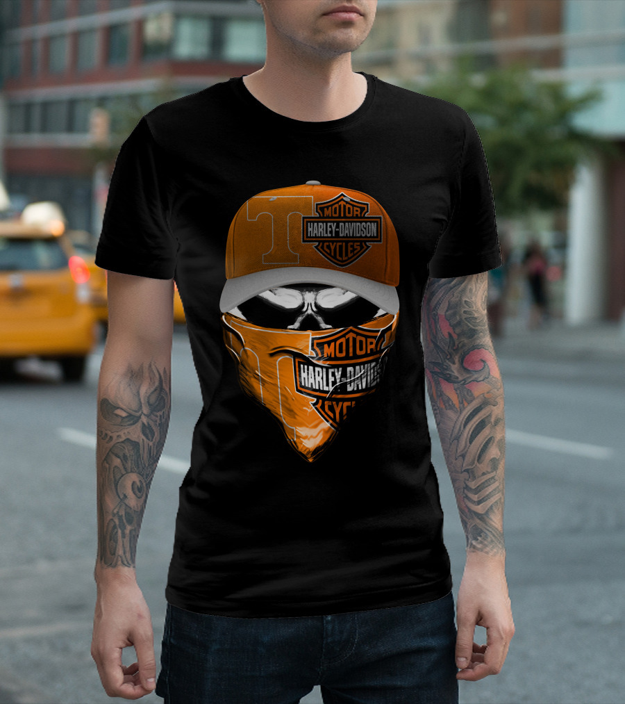 Harley Davidson Motorcycles Skull With Tennessee Volunteers Cap And Bandana T-Shirt