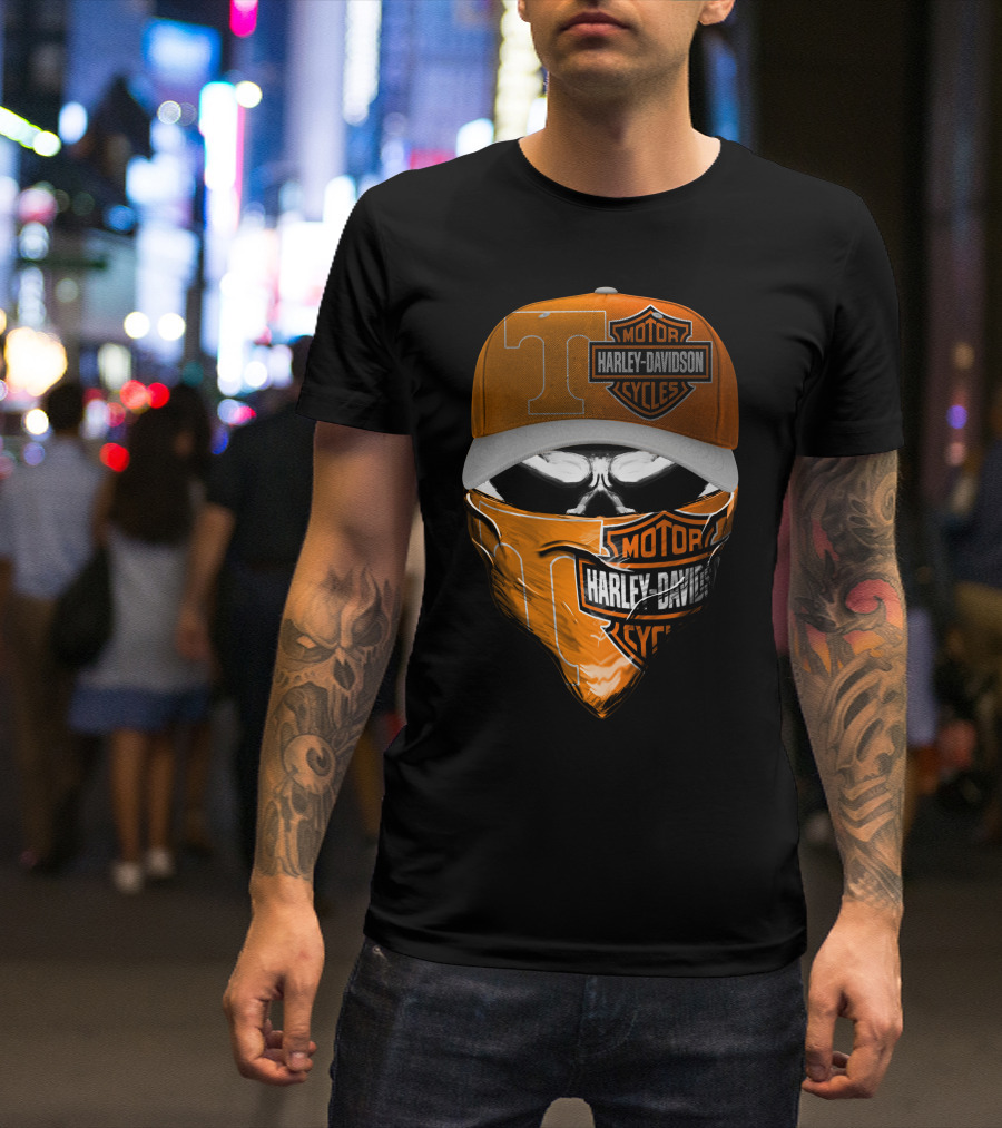 Harley Davidson Motorcycles Skull With Tennessee Volunteers Cap And Bandana T-Shirt