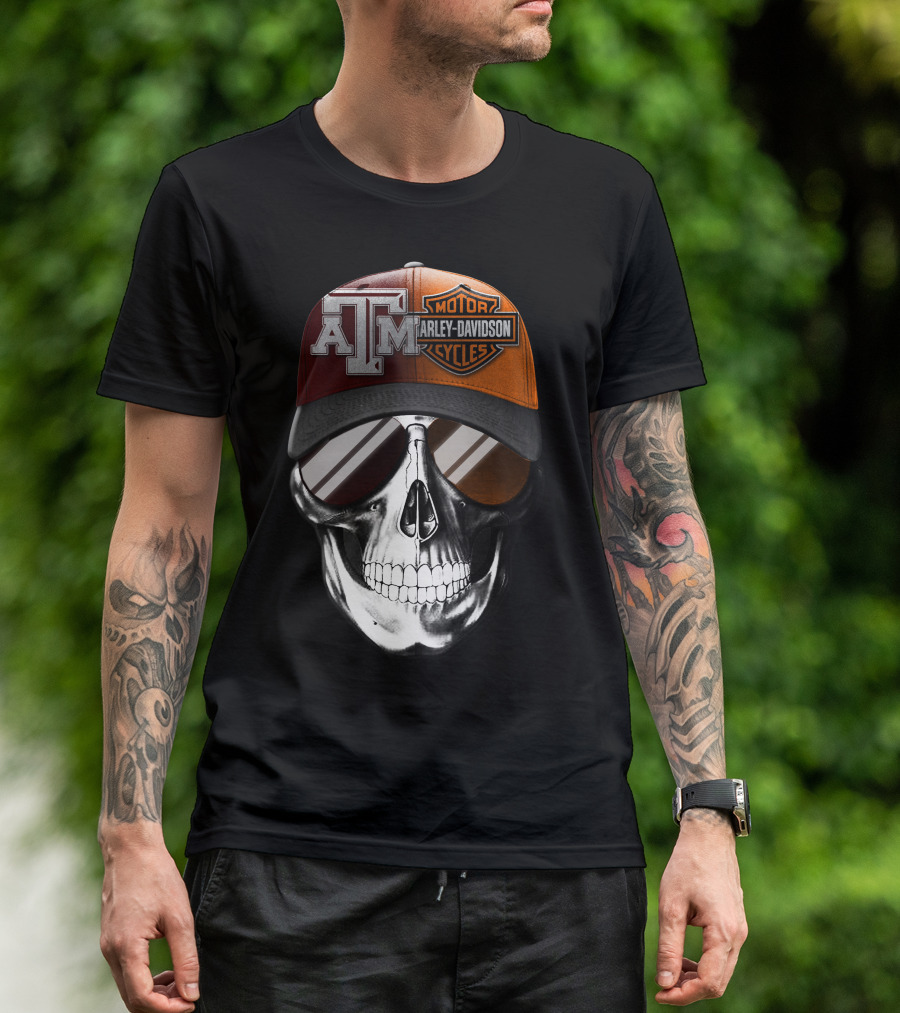 Texas A&M Harley Davidson Skull Hat With Sunglasses T-Shirt