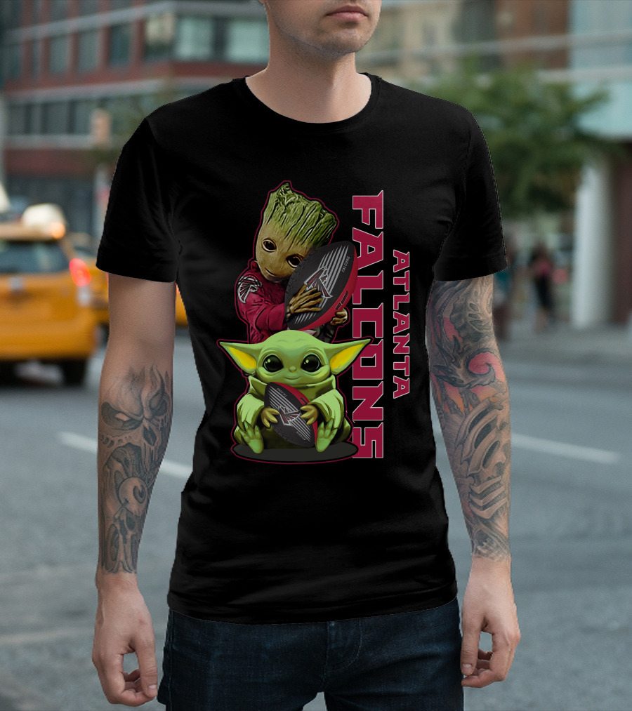 Grzd Atlanta Falcons Baby Groot Yoda Holding Football T-Shirt