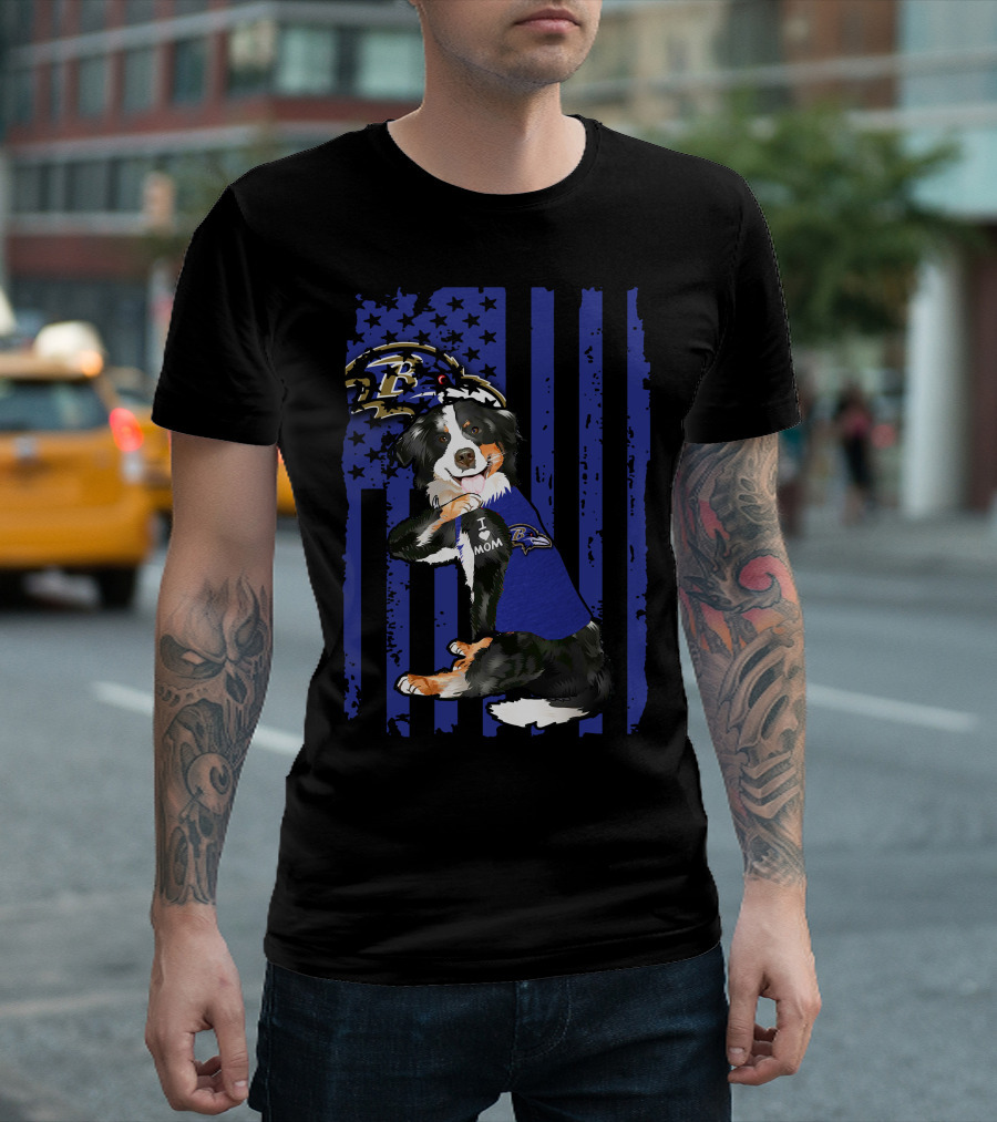 Border Collie I Love Mom Baltimore Ravens Flag T-Shirt