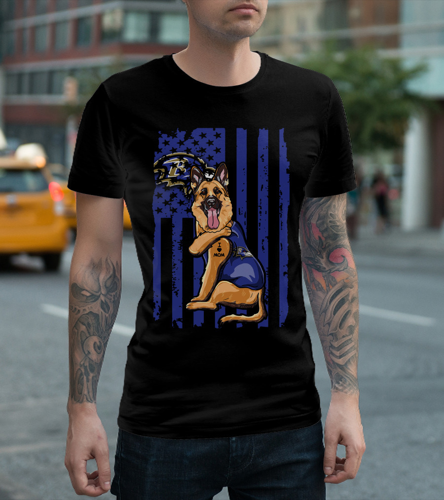 German Shepherd I Love Mom Baltimore Ravens Fan Flag Stars And Stripes T-Shirt