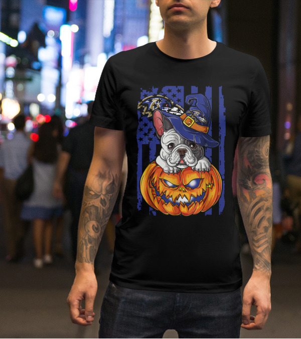 Bulldog Halloween Pumpkin Baltimore Ravens Wizard Hat T-Shirt