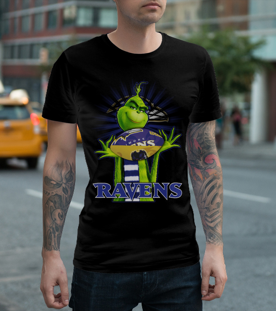 Grinch Holding Baltimore Ravens Football With Ravens Text T-Shirt